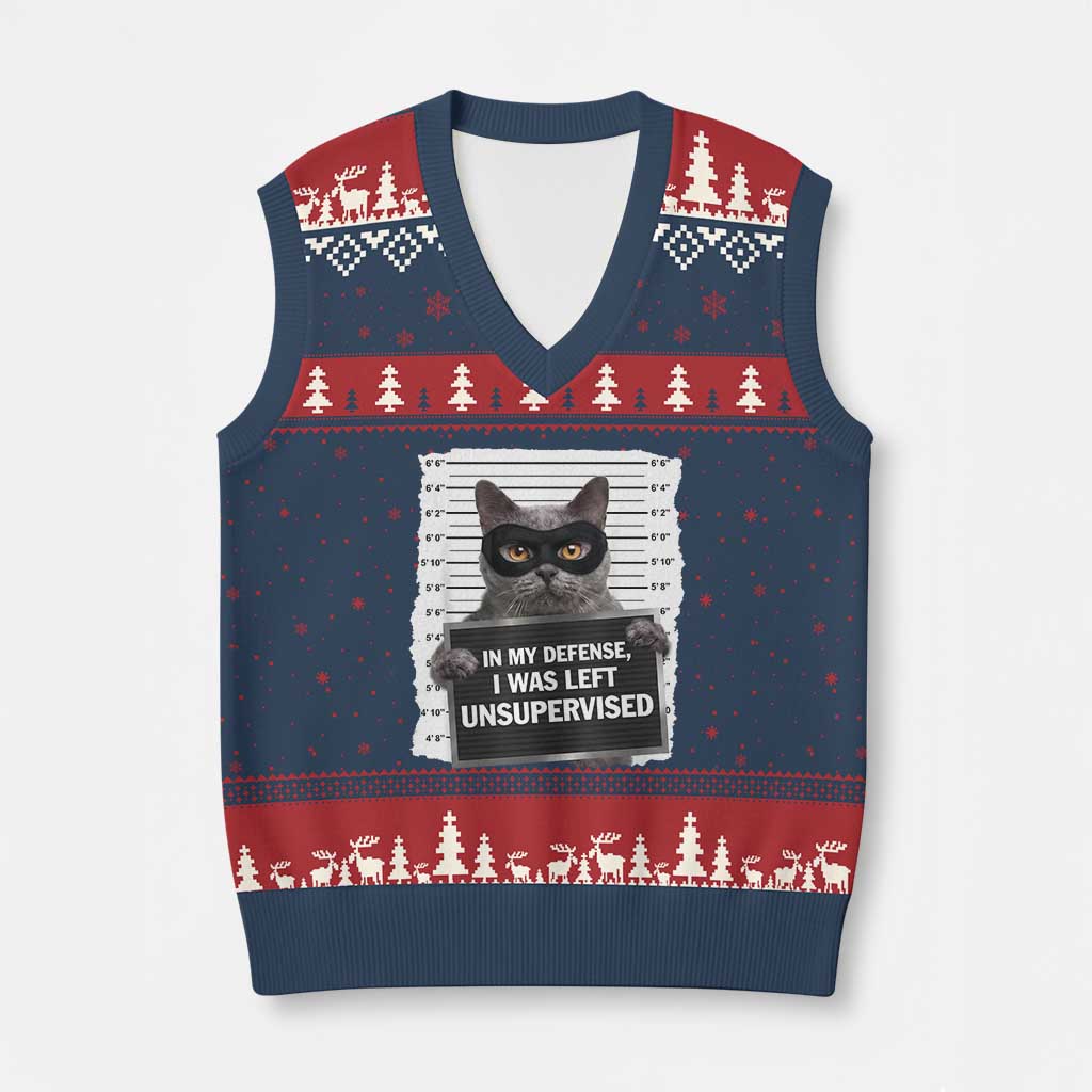 Funny Cat Mugshot V-Neck Knit Sweater Vest In My Defense I Was Left Unsupervised
