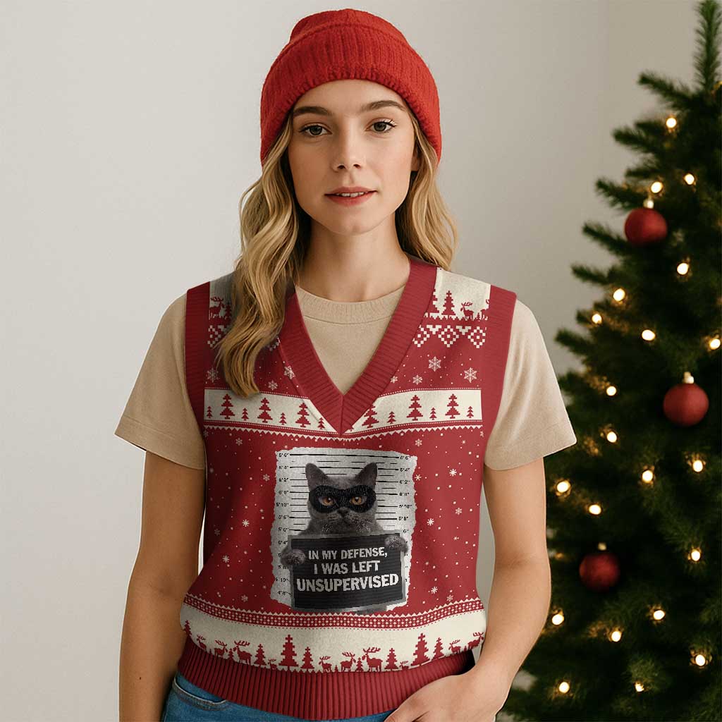 Funny Cat Mugshot V-Neck Knit Sweater Vest In My Defense I Was Left Unsupervised