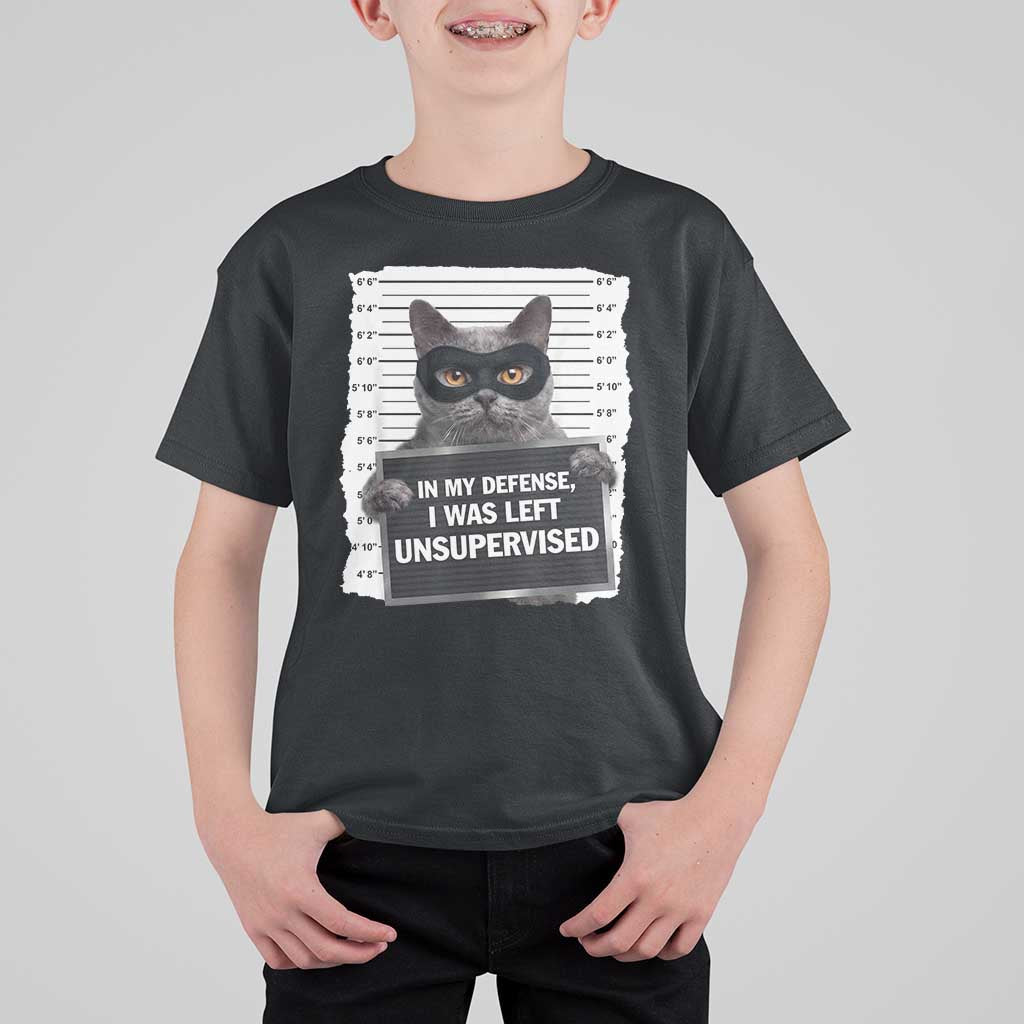 Funny Cat Mugshot T Shirt For Kid In My Defense I Was Left Unsupervised