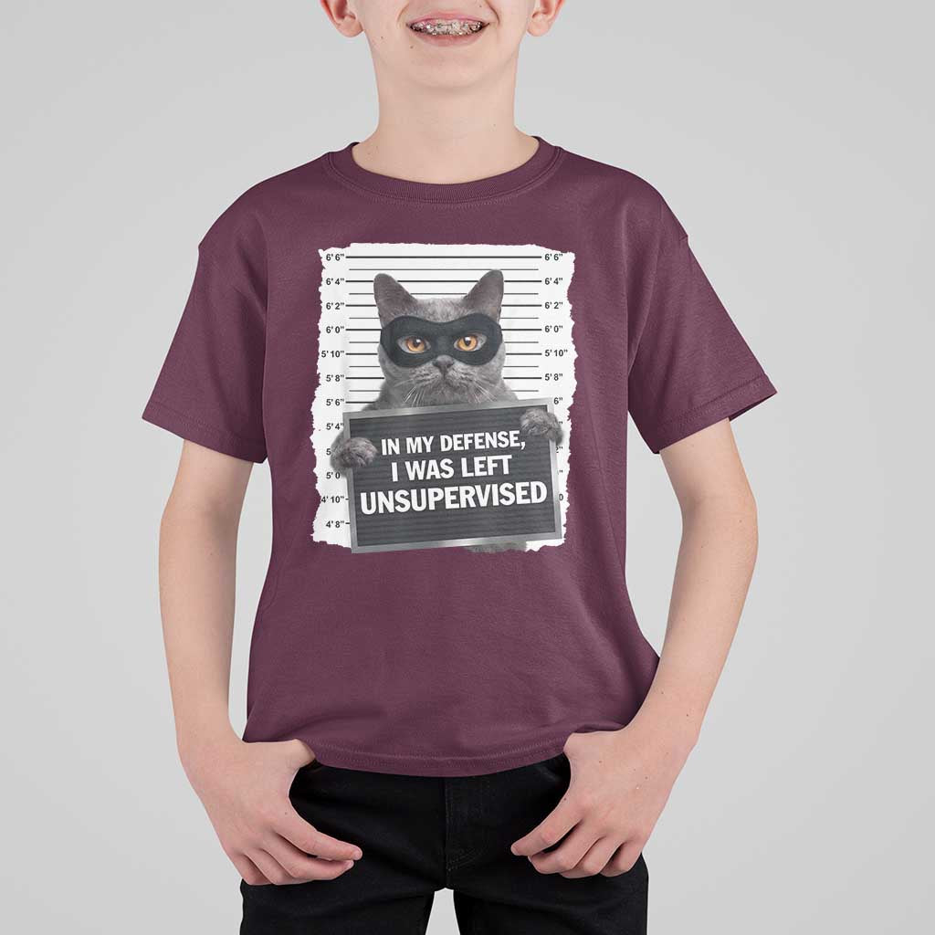 Funny Cat Mugshot T Shirt For Kid In My Defense I Was Left Unsupervised