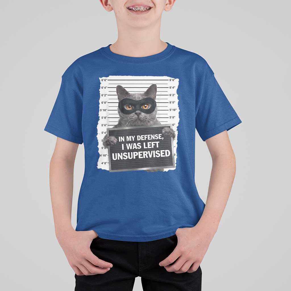 Funny Cat Mugshot T Shirt For Kid In My Defense I Was Left Unsupervised