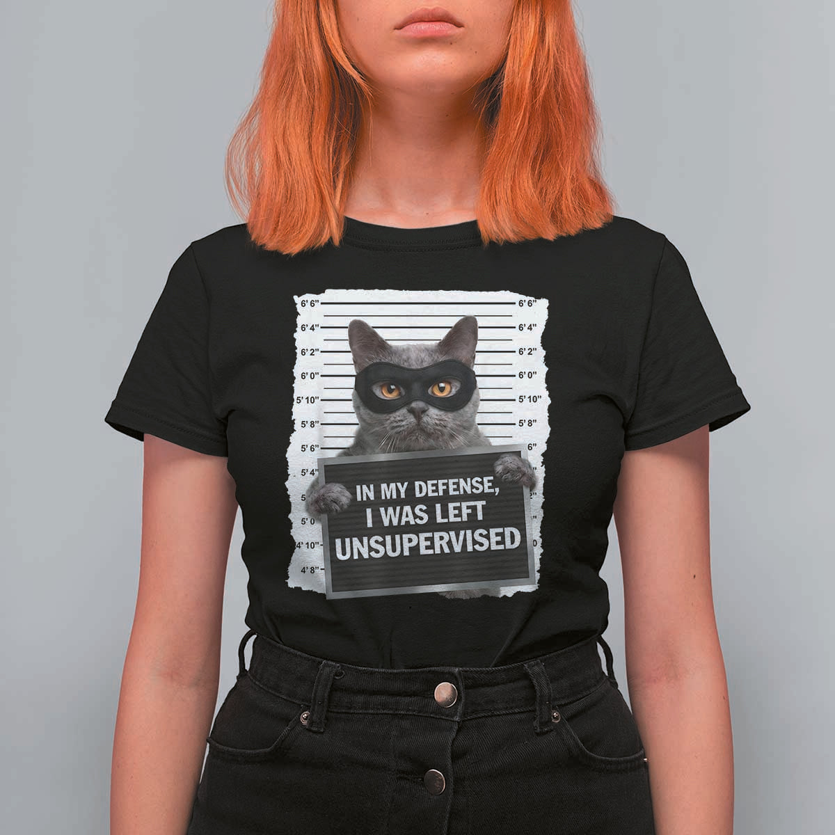 Funny Cat Mugshot T Shirt For Women In My Defense I Was Left Unsupervised