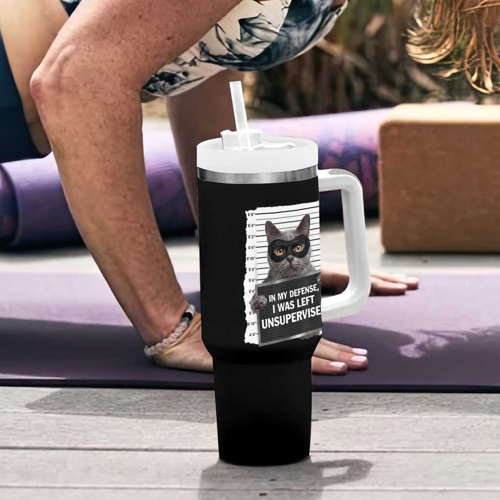 Funny Cat Mugshot Tumbler With Handle In My Defense I Was Left Unsupervised