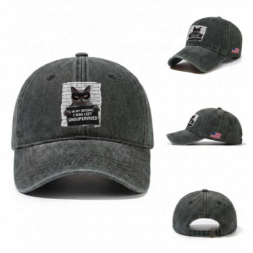 Funny Cat Mugshot Washed Cotton Baseball Cap In My Defense I Was Left Unsupervised