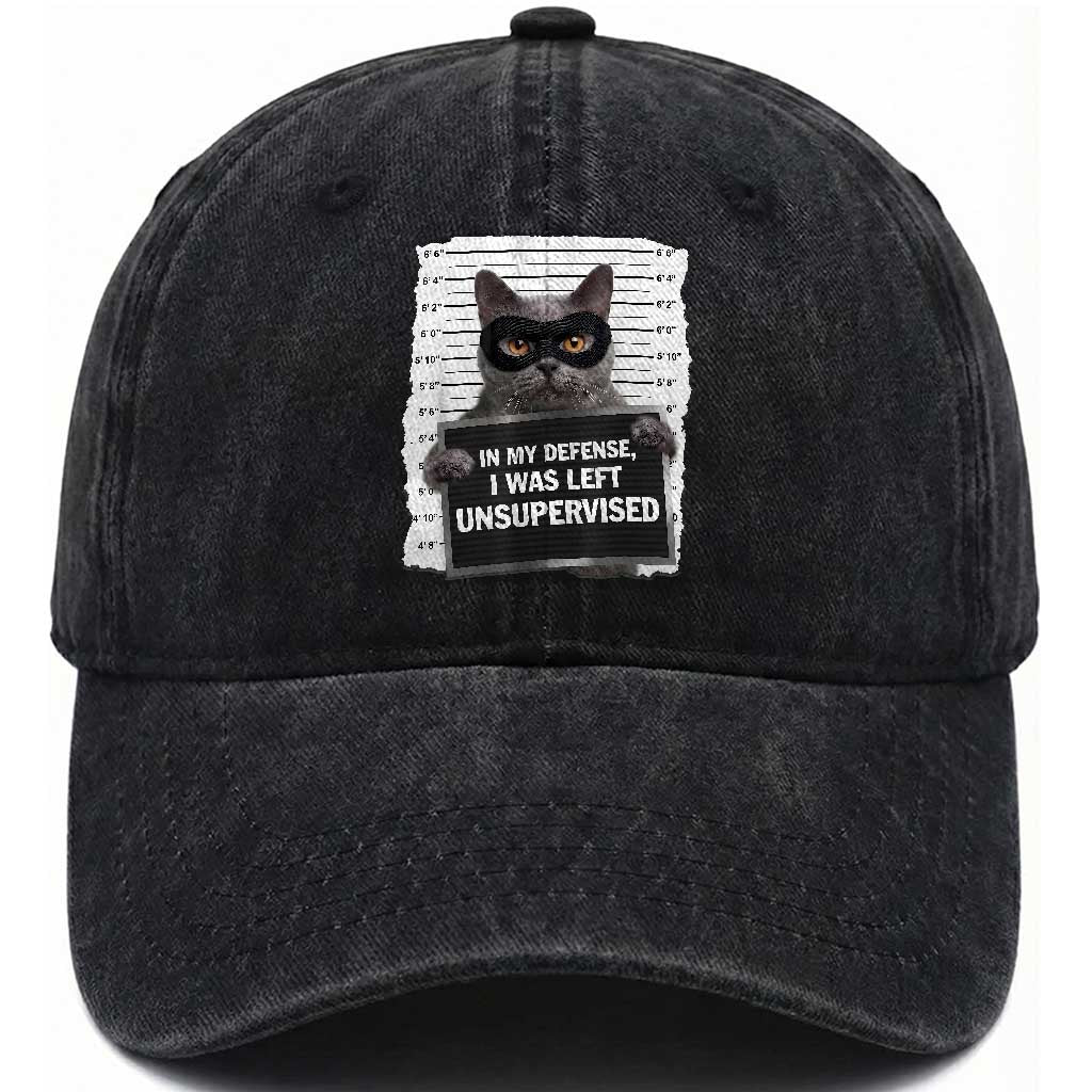 Funny Cat Mugshot Washed Cotton Baseball Cap In My Defense I Was Left Unsupervised