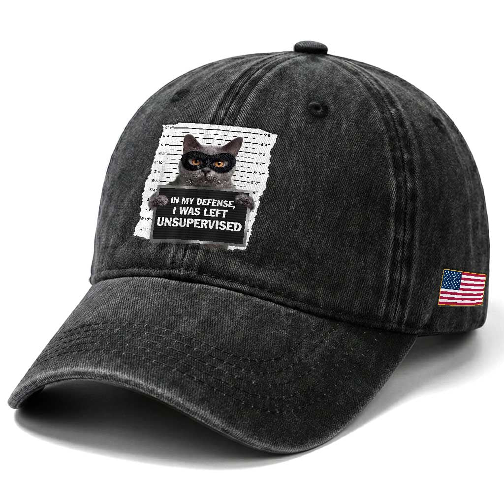 Funny Cat Mugshot Washed Cotton Baseball Cap In My Defense I Was Left Unsupervised