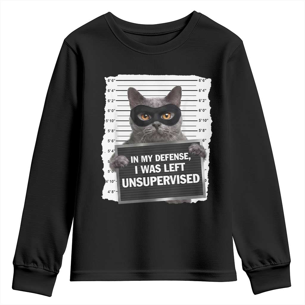 Funny Cat Mugshot Youth Sweatshirt In My Defense I Was Left Unsupervised