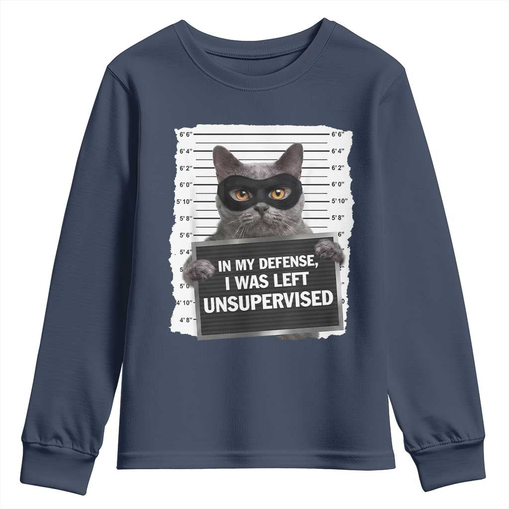 Funny Cat Mugshot Youth Sweatshirt In My Defense I Was Left Unsupervised