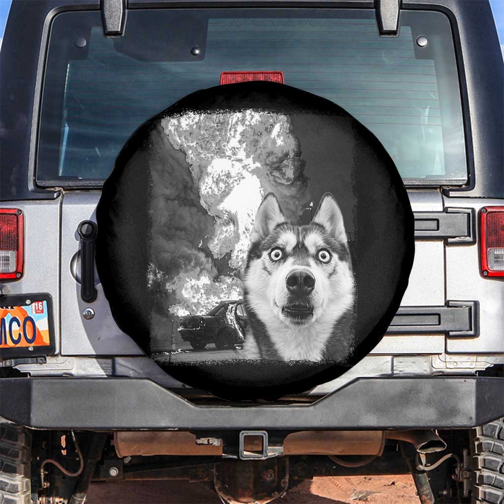 Funny Husky Chaos Spare Tire Cover Cool Dog Selfie With Burning Car