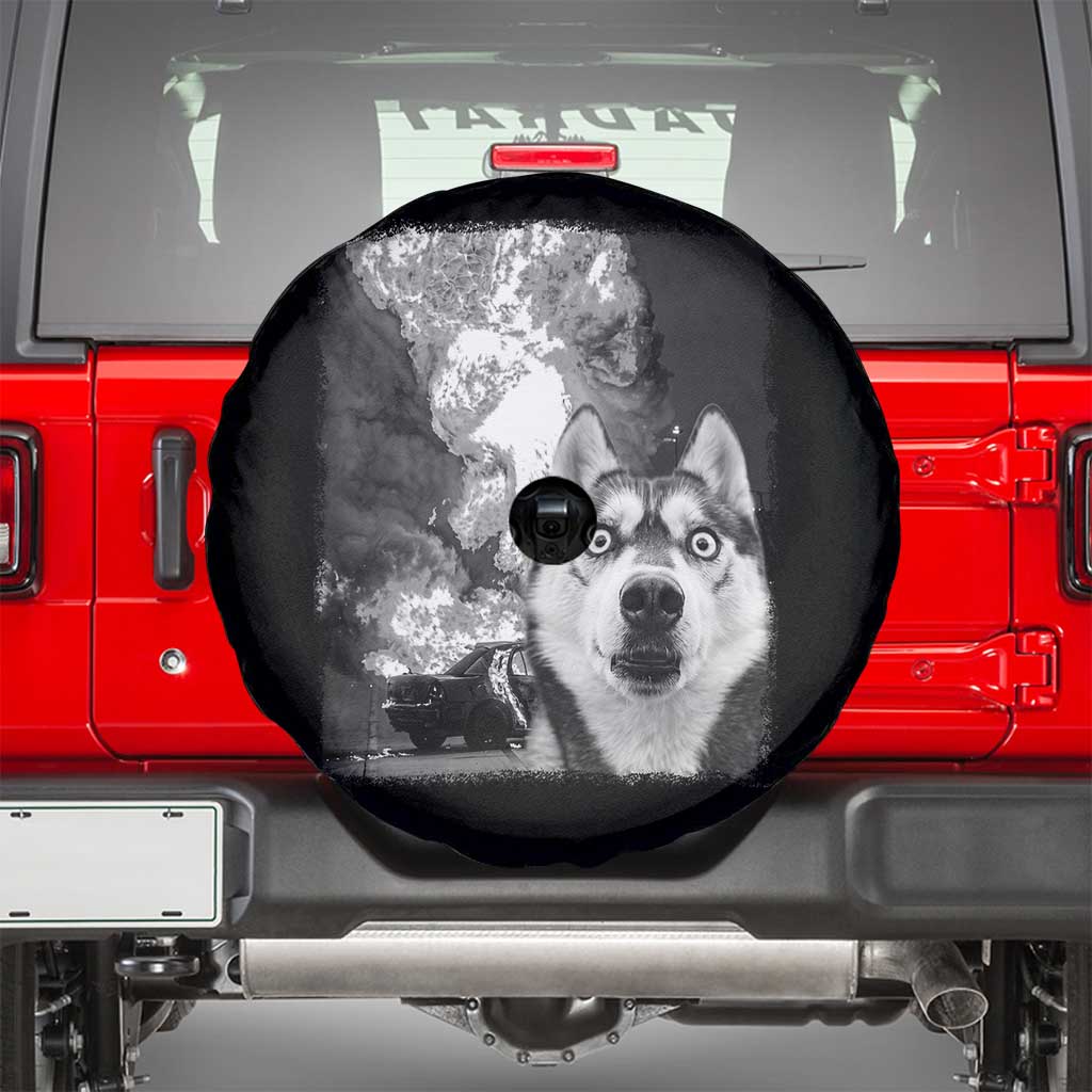Funny Husky Chaos Spare Tire Cover Cool Dog Selfie With Burning Car