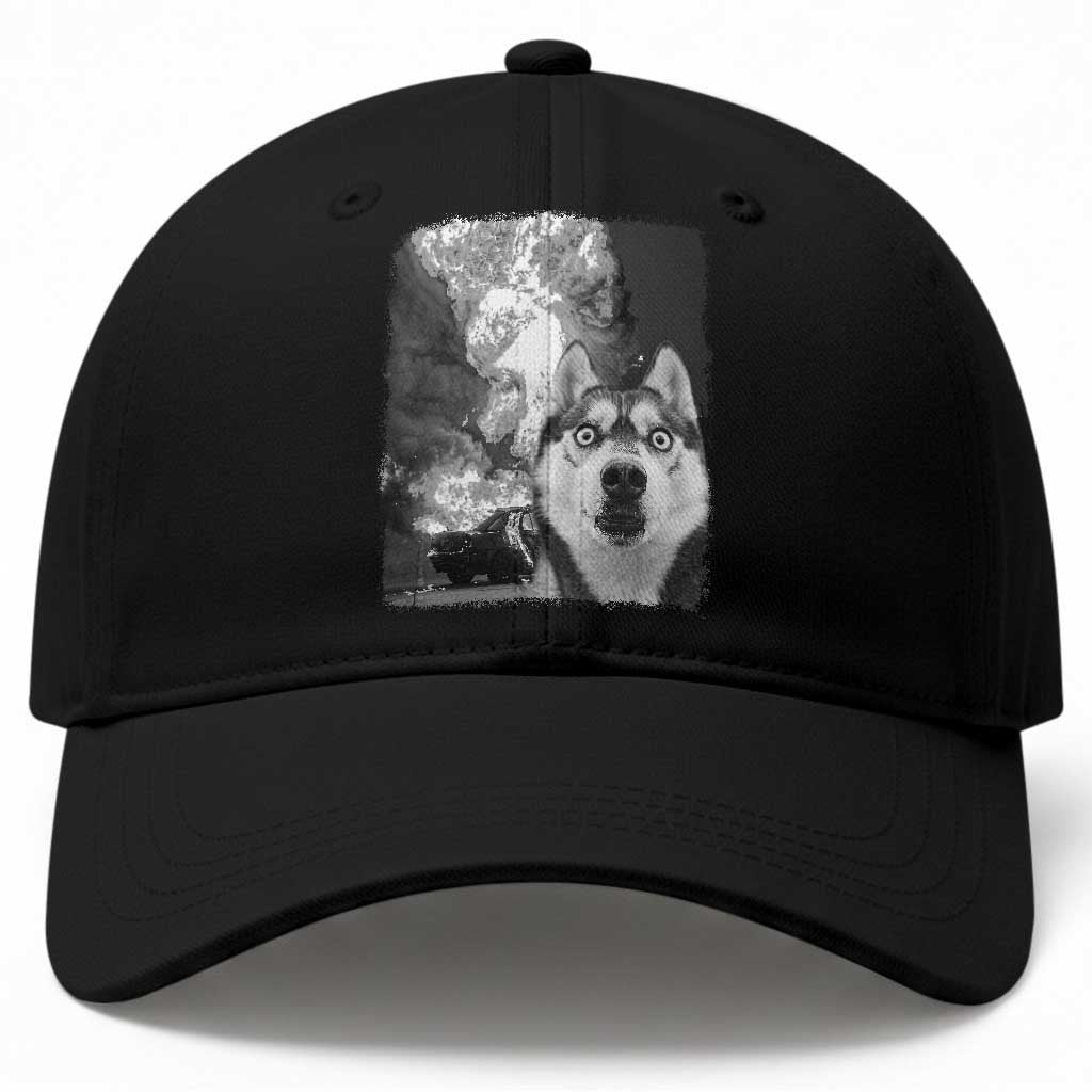 Funny Husky Chaos Baseball Cap Cool Dog Selfie With Burning Car