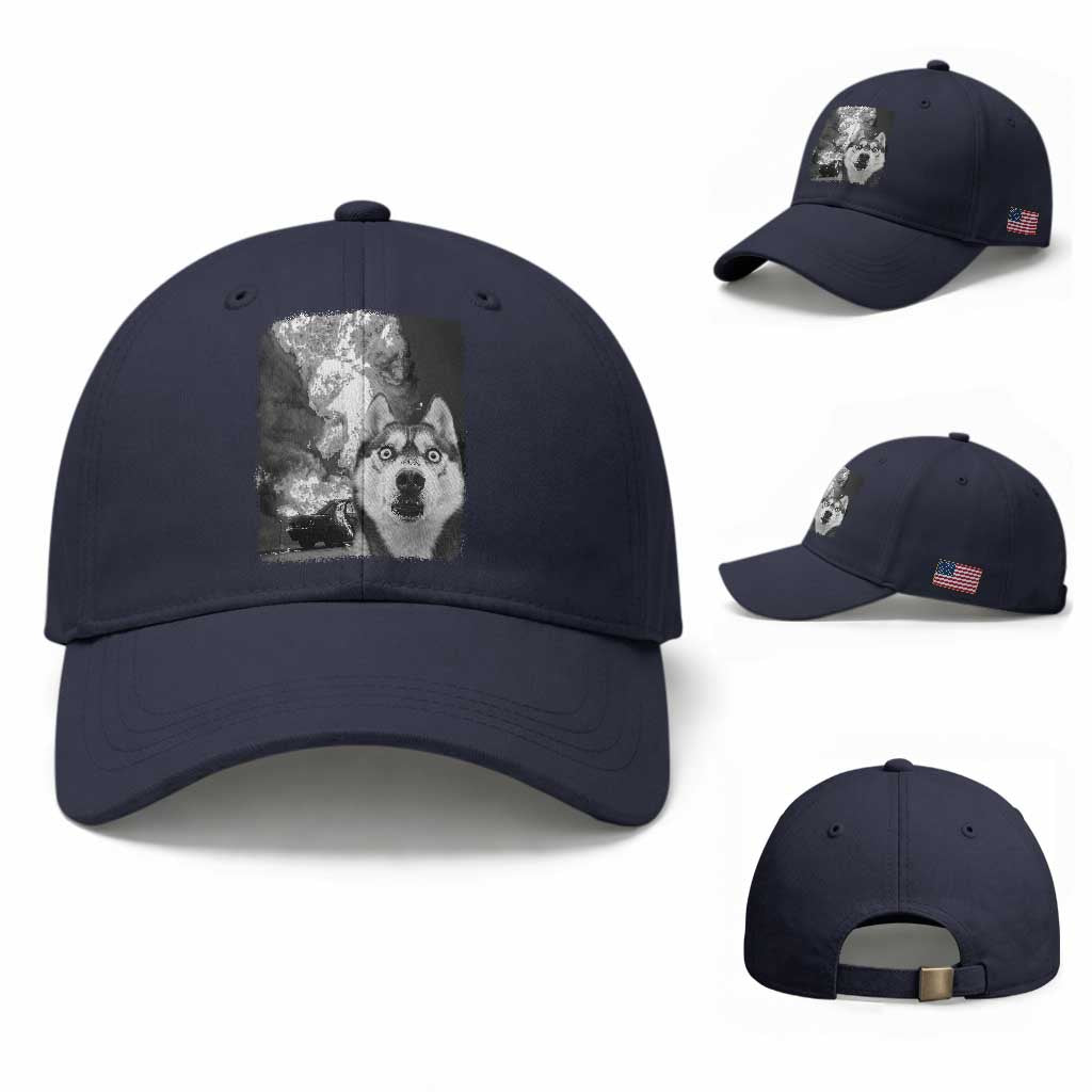 Funny Husky Chaos Baseball Cap Cool Dog Selfie With Burning Car