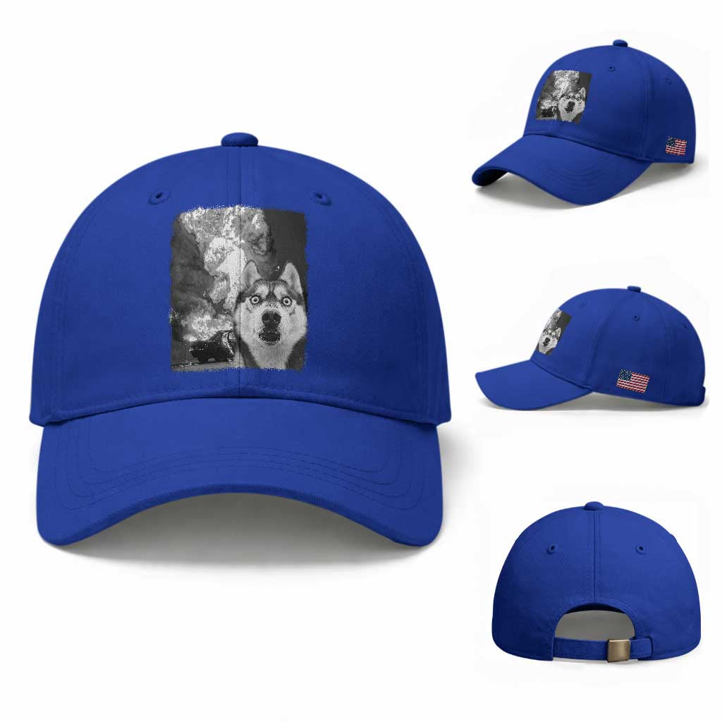 Funny Husky Chaos Baseball Cap Cool Dog Selfie With Burning Car