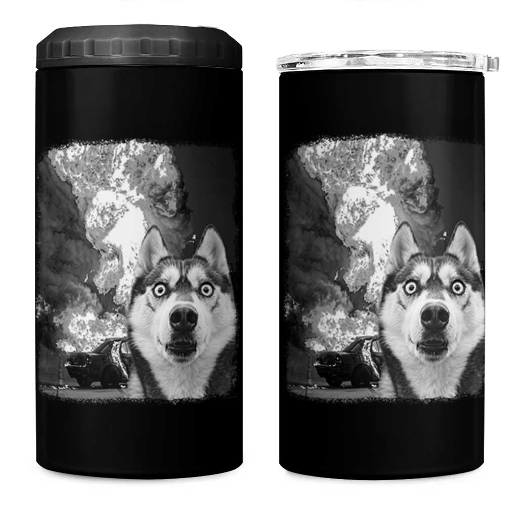 Funny Husky Chaos 4 in 1 Can Cooler Tumbler Cool Dog Selfie With Burning Car