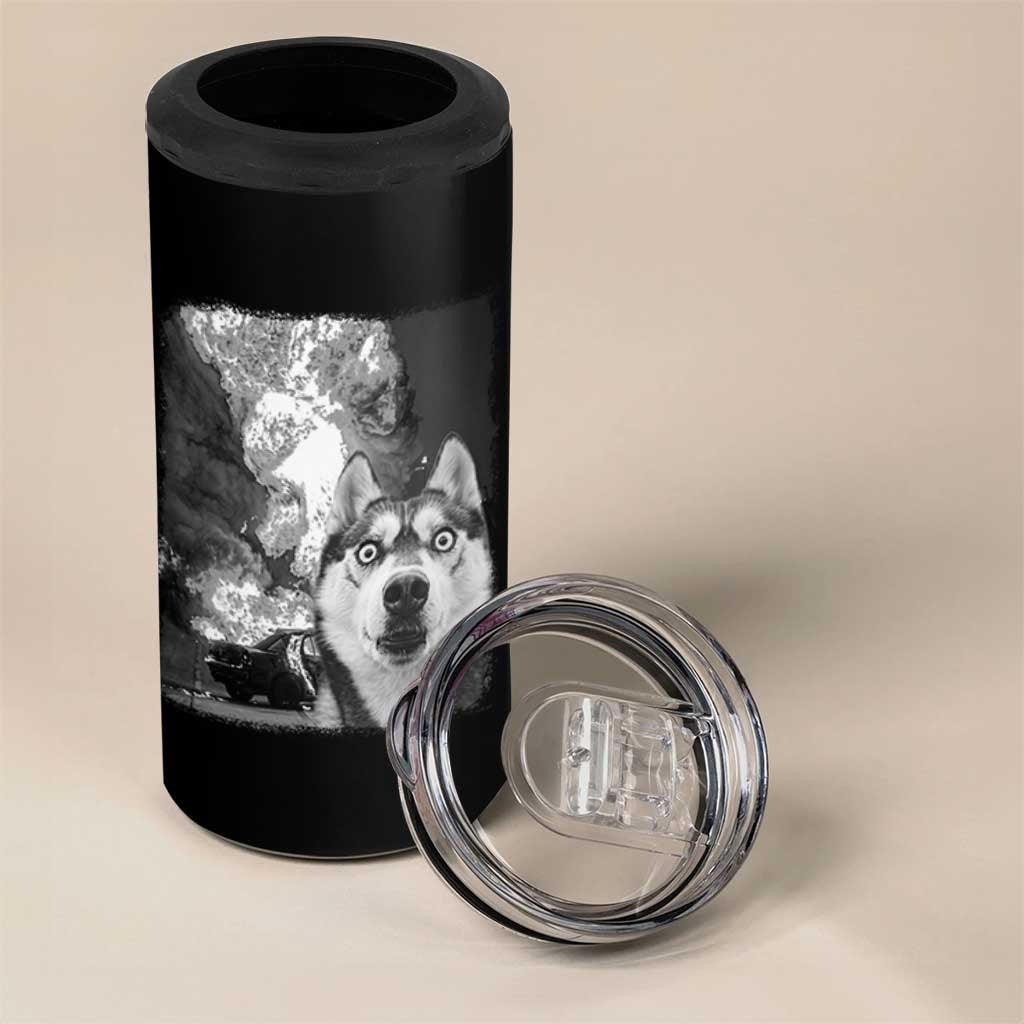 Funny Husky Chaos 4 in 1 Can Cooler Tumbler Cool Dog Selfie With Burning Car