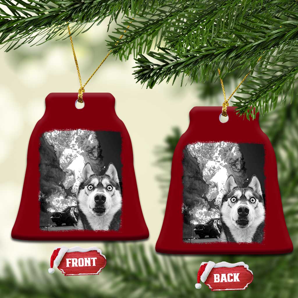 Funny Husky Chaos Ceramic Ornament Cool Dog Selfie With Burning Car