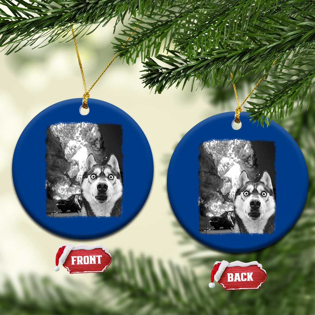 Funny Husky Chaos Ceramic Ornament Cool Dog Selfie With Burning Car