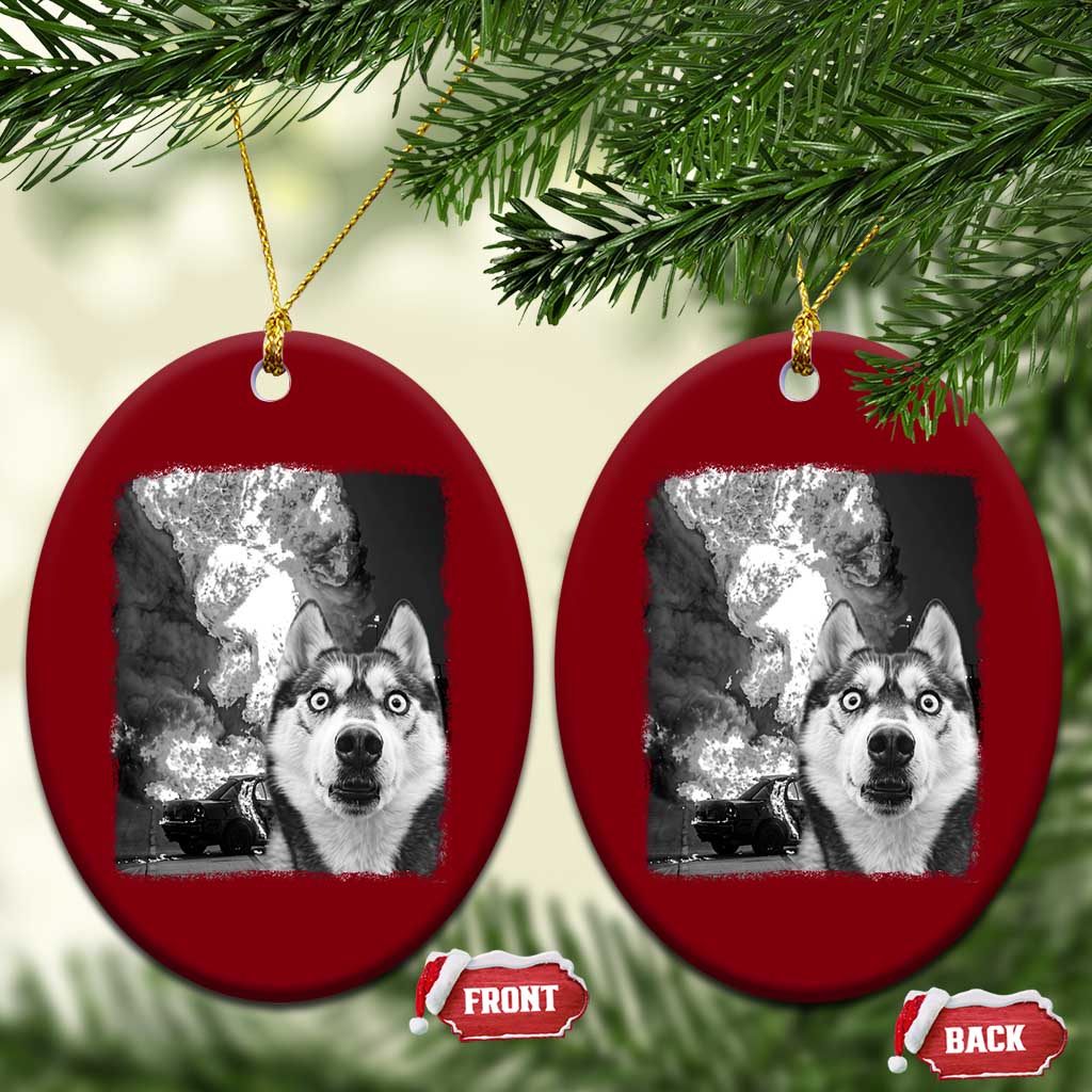 Funny Husky Chaos Ceramic Ornament Cool Dog Selfie With Burning Car