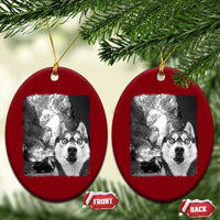 Funny Husky Chaos Ceramic Ornament Cool Dog Selfie With Burning Car