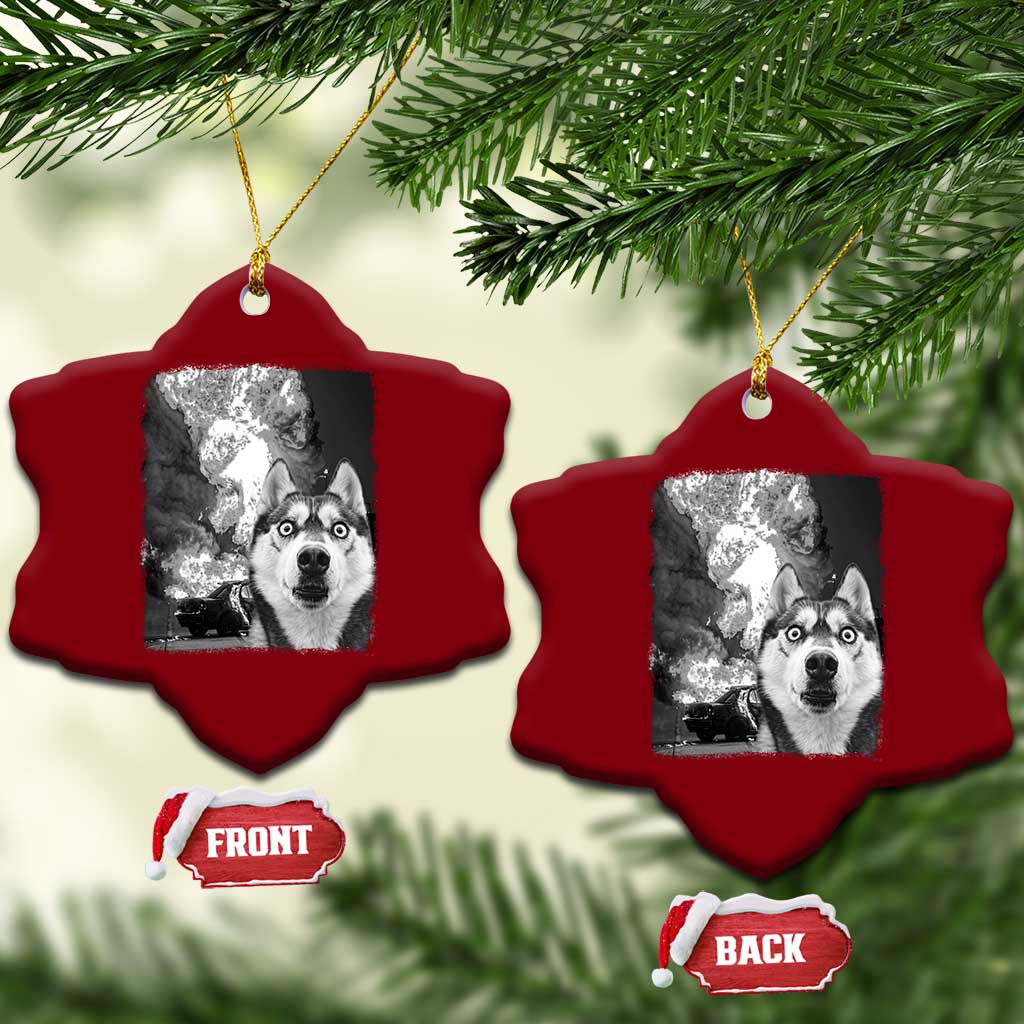 Funny Husky Chaos Ceramic Ornament Cool Dog Selfie With Burning Car