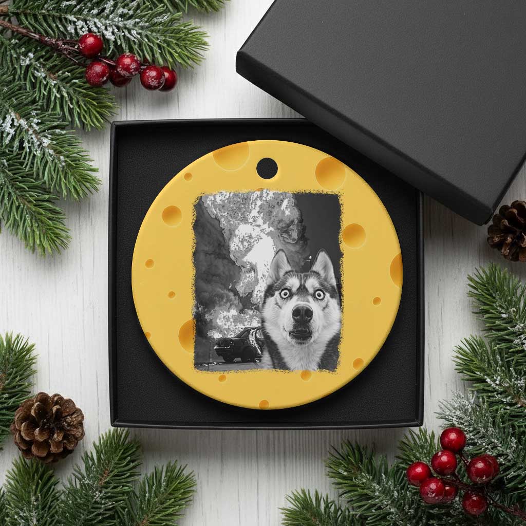 Funny Husky Chaos Ceramic Ornament Cool Dog Selfie With Burning Car