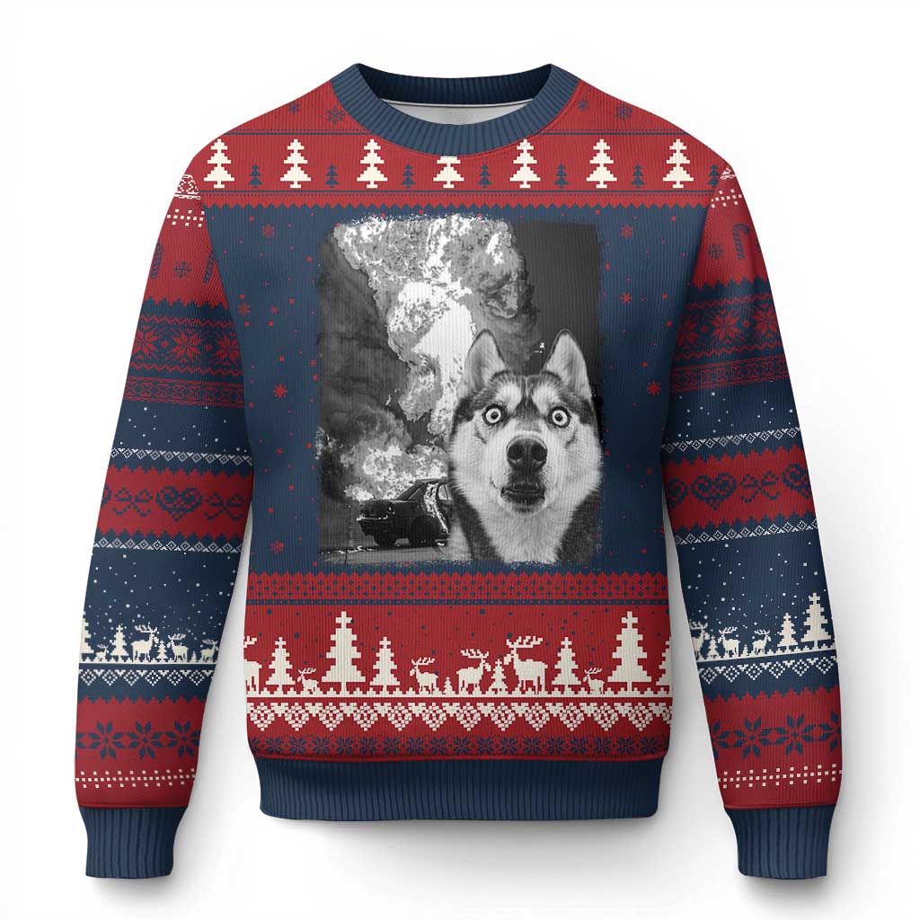 Funny Husky Chaos Ugly Christmas Sweater Cool Dog Selfie With Burning Car
