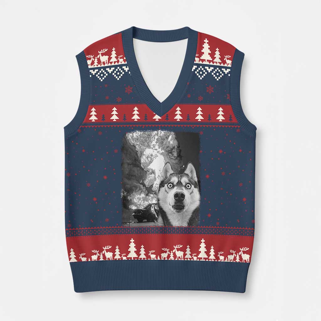 Funny Husky Chaos V-Neck Knit Sweater Vest Cool Dog Selfie With Burning Car