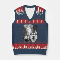 Funny Husky Chaos V-Neck Knit Sweater Vest Cool Dog Selfie With Burning Car