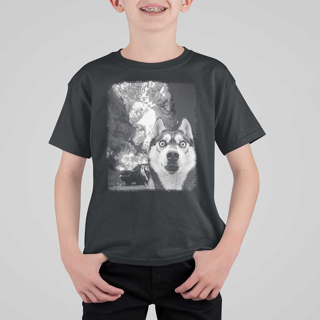 Funny Husky Chaos T Shirt For Kid Cool Dog Selfie With Burning Car