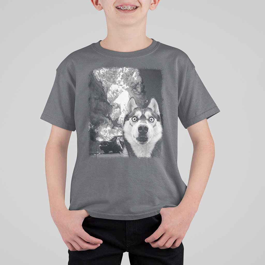 Funny Husky Chaos T Shirt For Kid Cool Dog Selfie With Burning Car