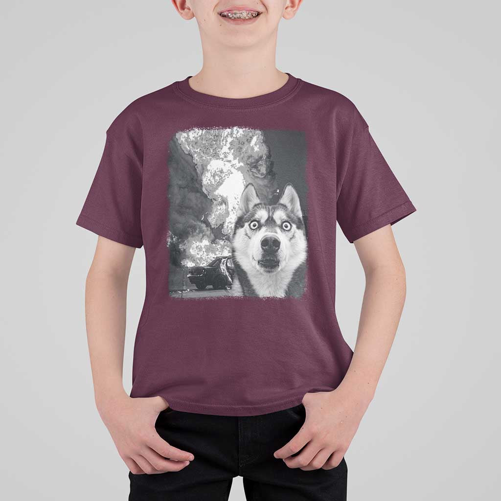 Funny Husky Chaos T Shirt For Kid Cool Dog Selfie With Burning Car
