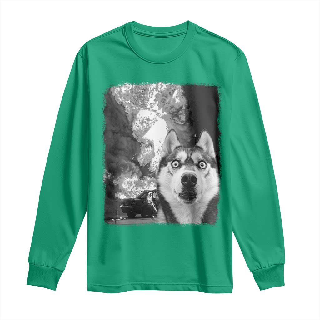 Funny Husky Chaos Long Sleeve Shirt Cool Dog Selfie With Burning Car