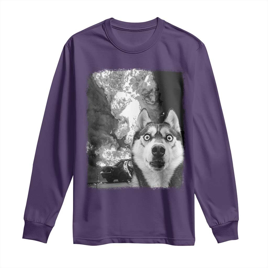 Funny Husky Chaos Long Sleeve Shirt Cool Dog Selfie With Burning Car