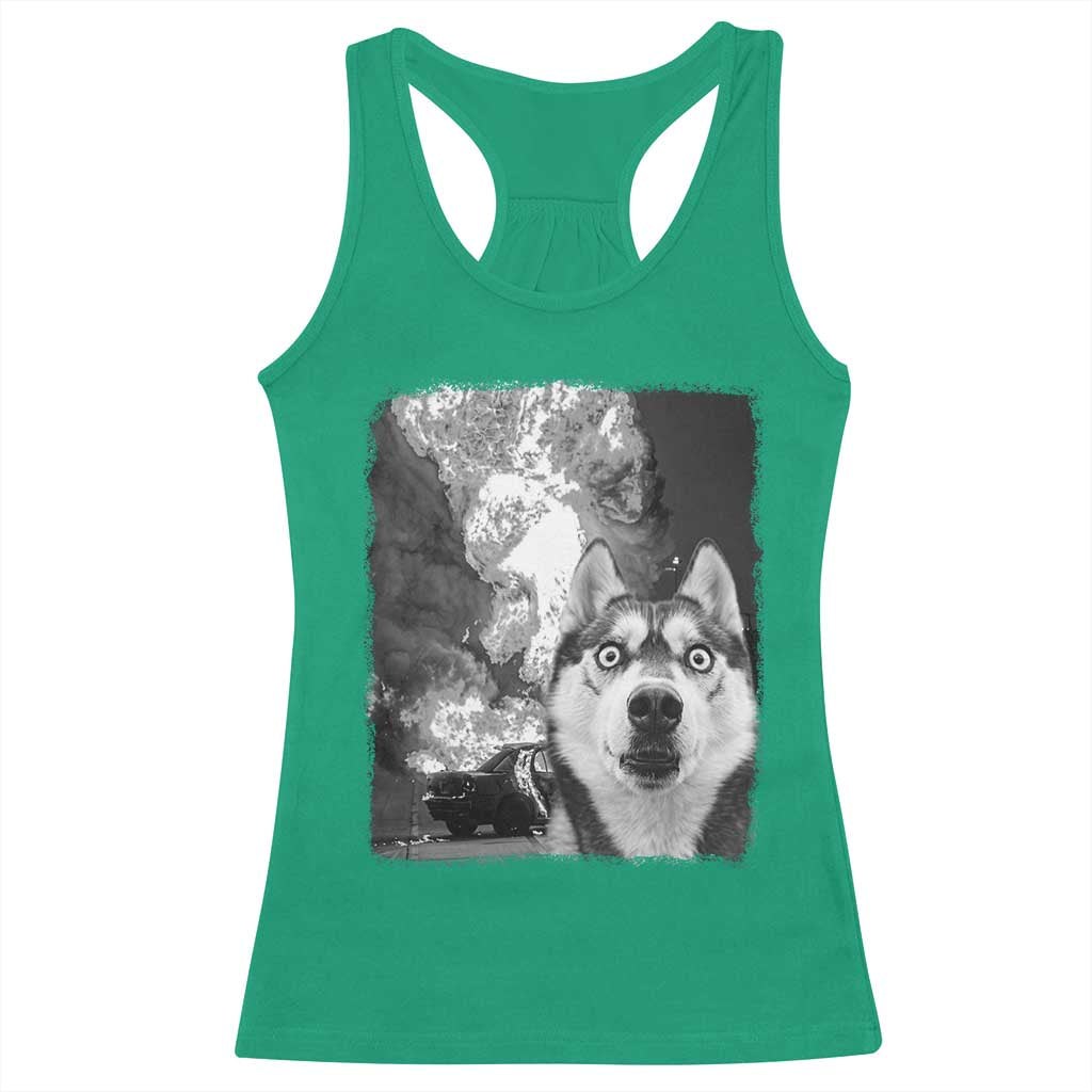 Funny Husky Chaos Racerback Tank Top Cool Dog Selfie With Burning Car