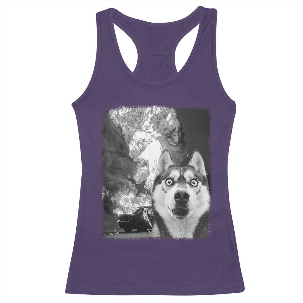 Funny Husky Chaos Racerback Tank Top Cool Dog Selfie With Burning Car