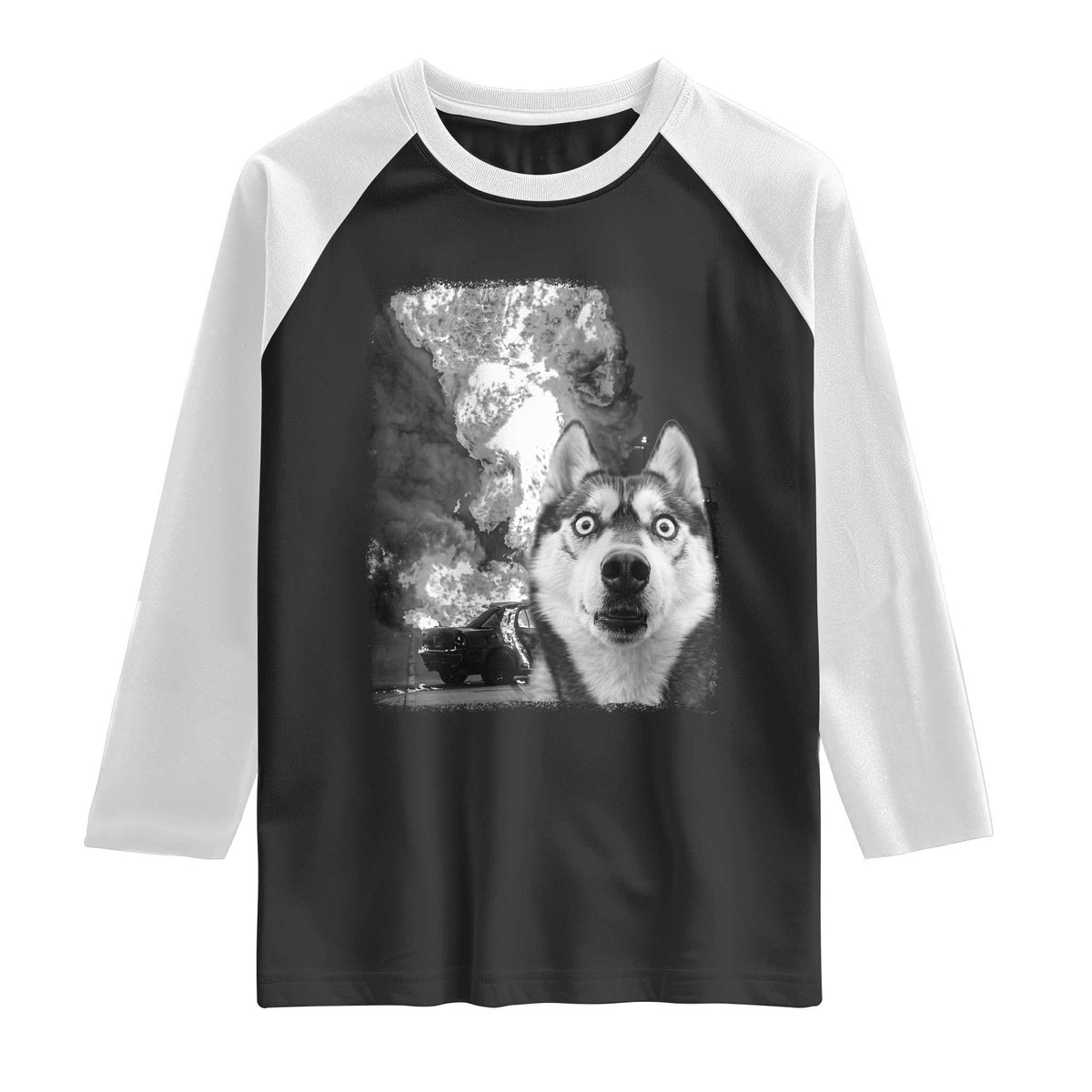 Funny Husky Chaos Raglan Shirt Cool Dog Selfie With Burning Car
