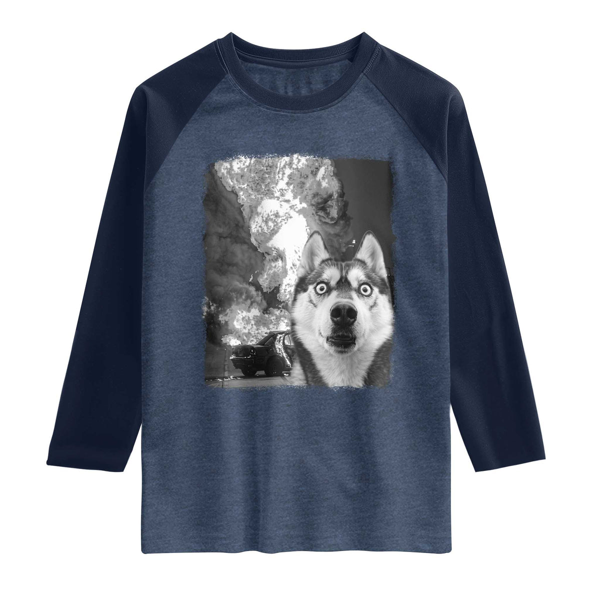 Funny Husky Chaos Raglan Shirt Cool Dog Selfie With Burning Car
