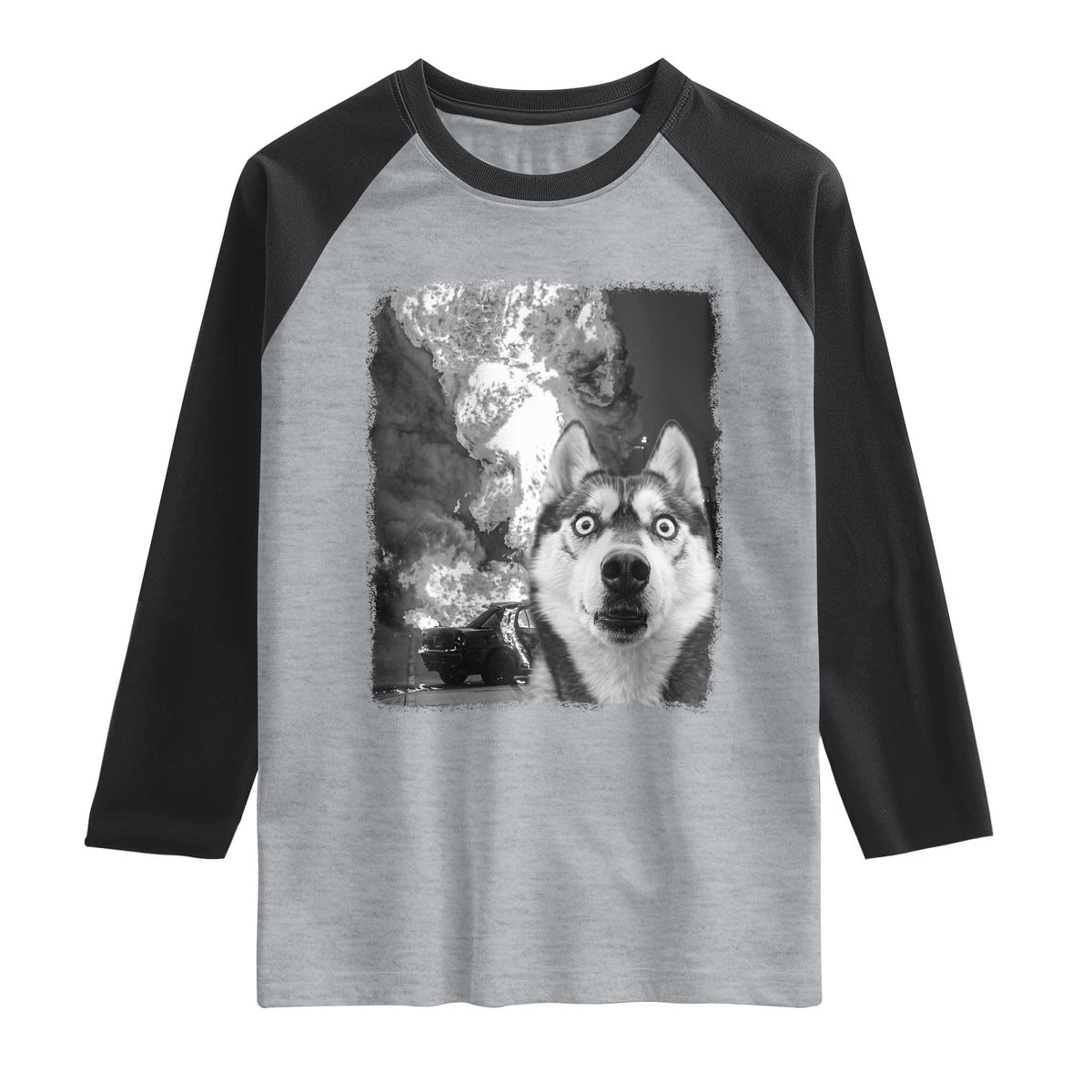 Funny Husky Chaos Raglan Shirt Cool Dog Selfie With Burning Car