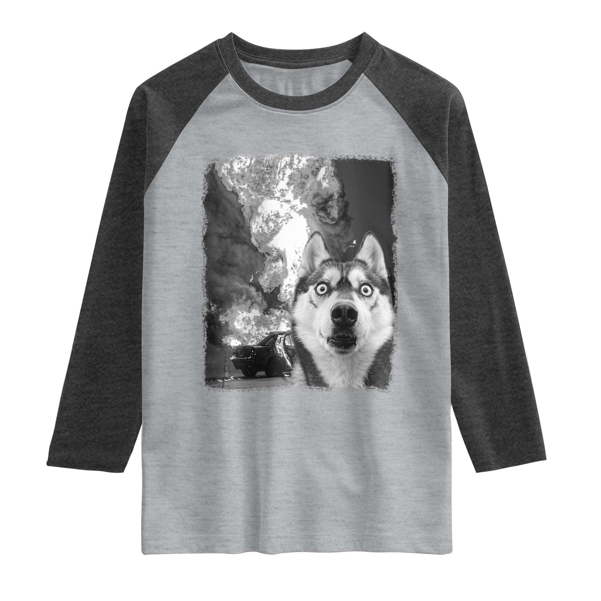 Funny Husky Chaos Raglan Shirt Cool Dog Selfie With Burning Car