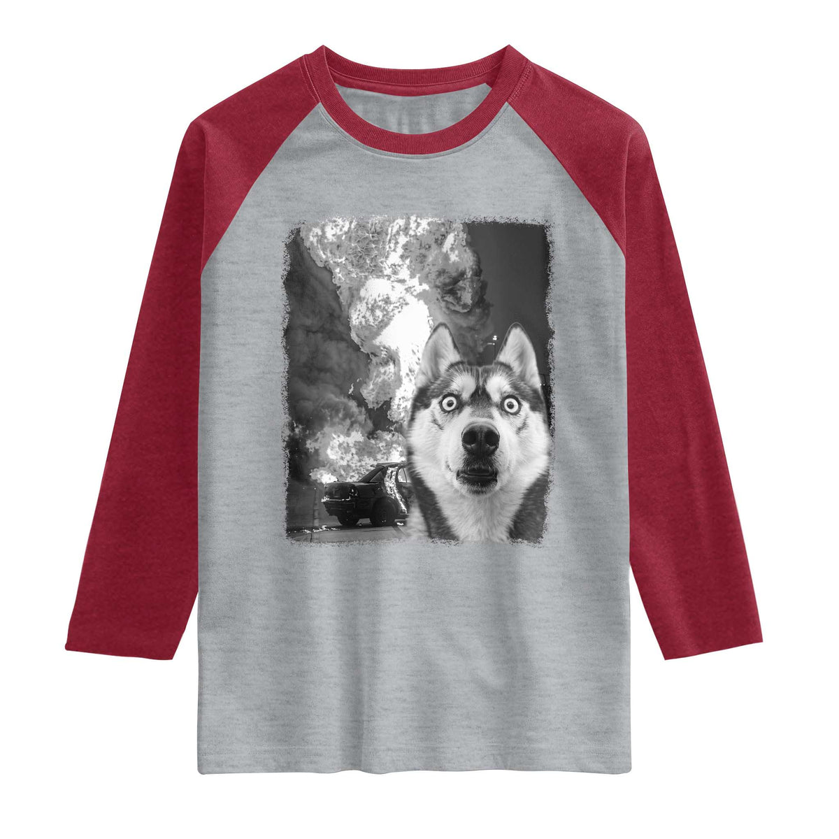 Funny Husky Chaos Raglan Shirt Cool Dog Selfie With Burning Car