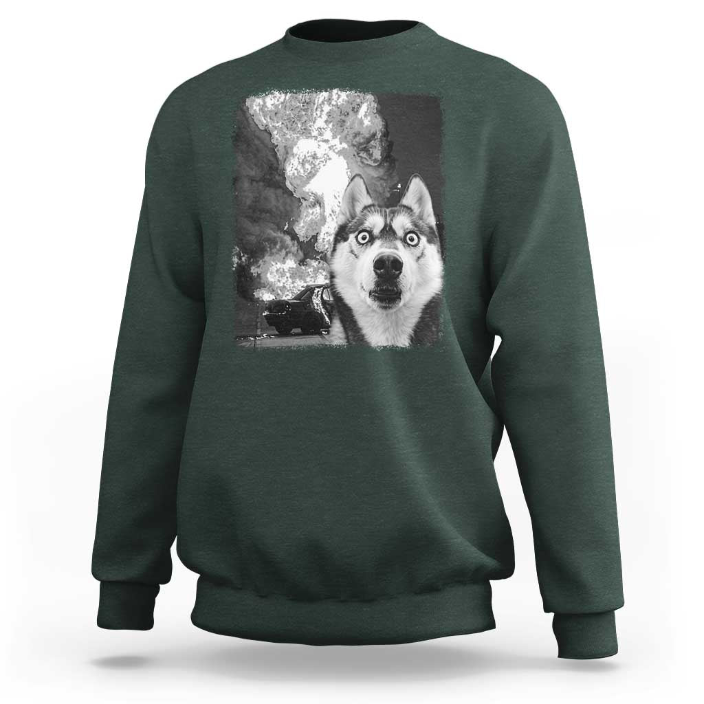 Funny Husky Chaos Sweatshirt Cool Dog Selfie With Burning Car