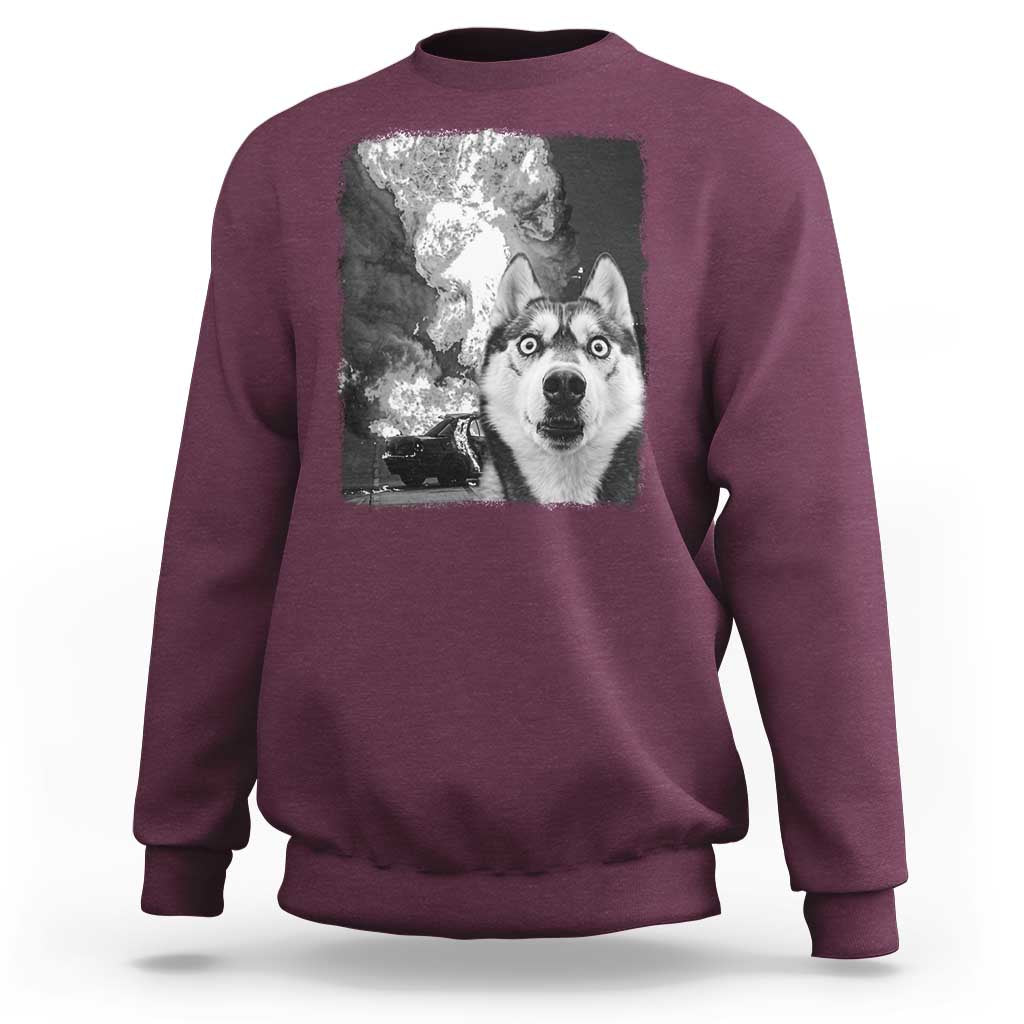 Funny Husky Chaos Sweatshirt Cool Dog Selfie With Burning Car