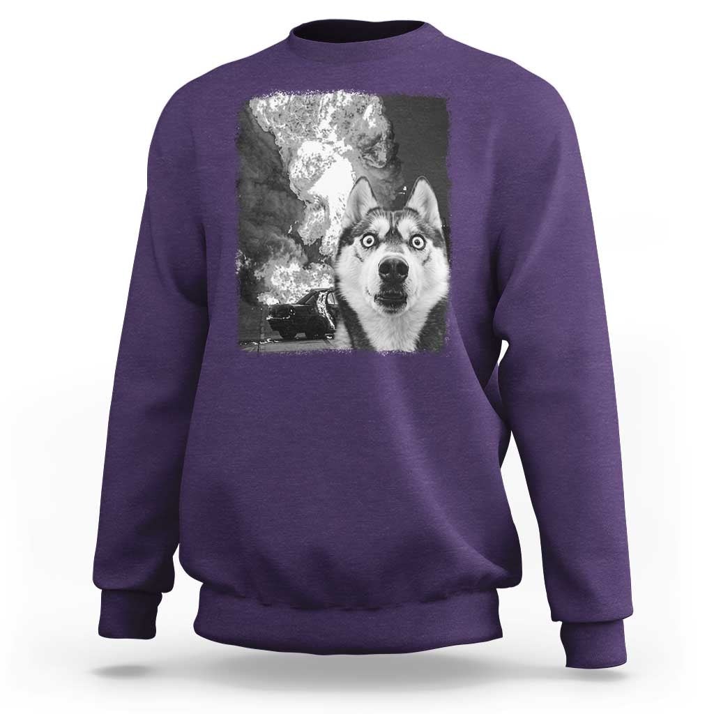 Funny Husky Chaos Sweatshirt Cool Dog Selfie With Burning Car