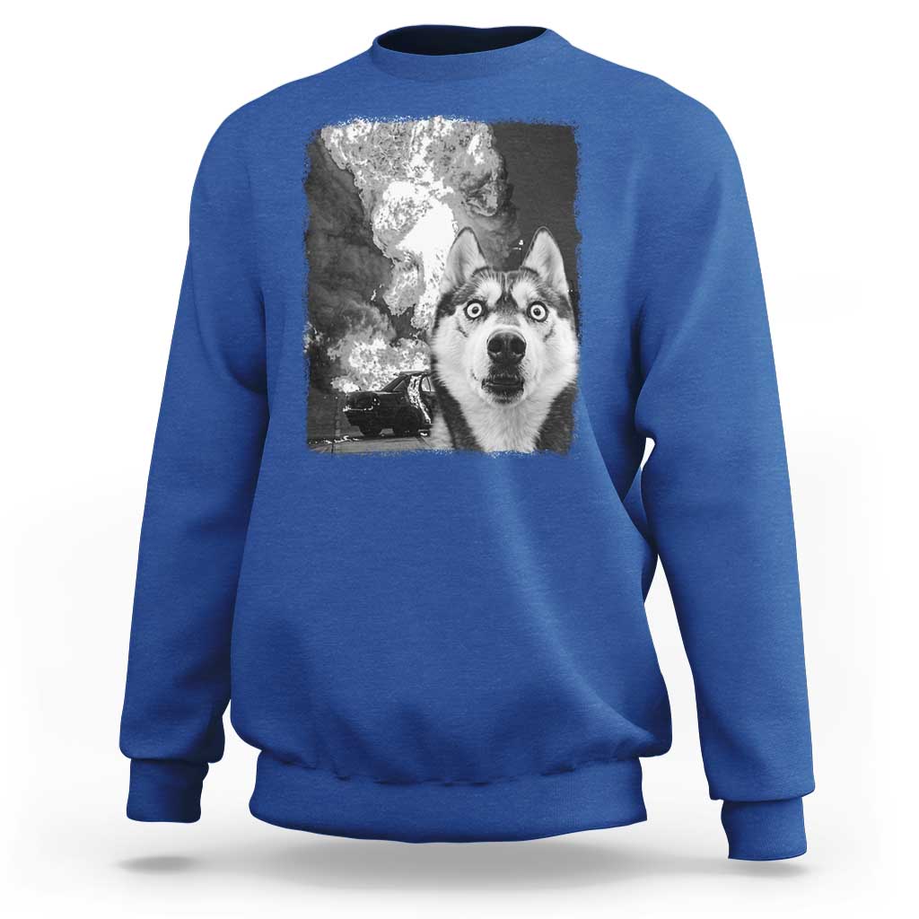 Funny Husky Chaos Sweatshirt Cool Dog Selfie With Burning Car