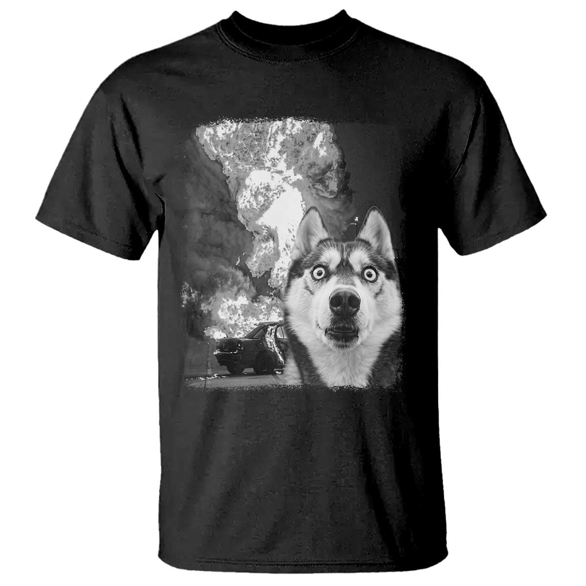 Funny Husky Chaos T Shirt Cool Dog Selfie With Burning Car