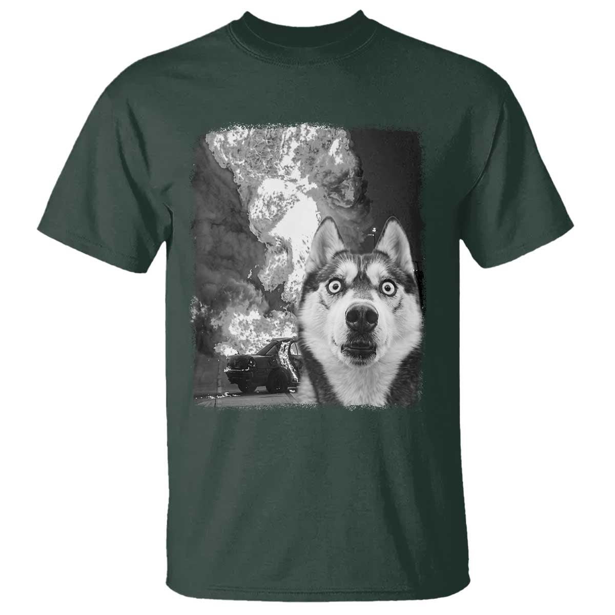 Funny Husky Chaos T Shirt Cool Dog Selfie With Burning Car