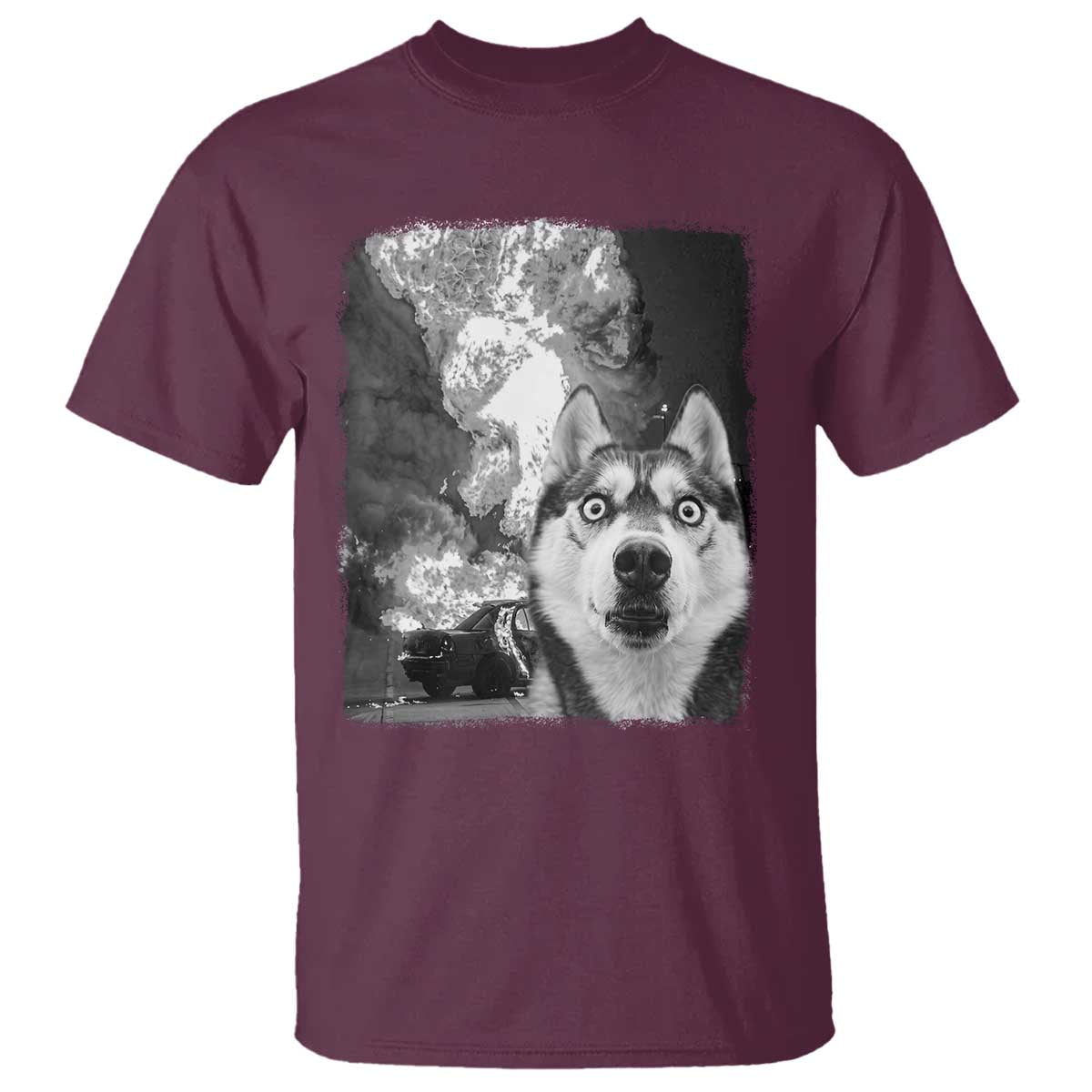 Funny Husky Chaos T Shirt Cool Dog Selfie With Burning Car