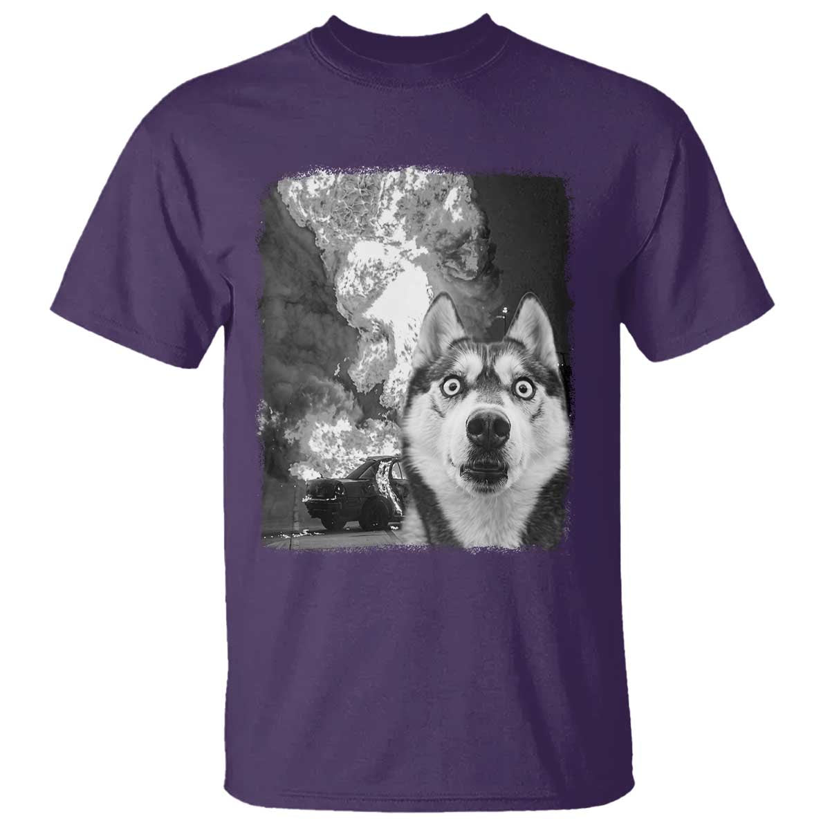 Funny Husky Chaos T Shirt Cool Dog Selfie With Burning Car