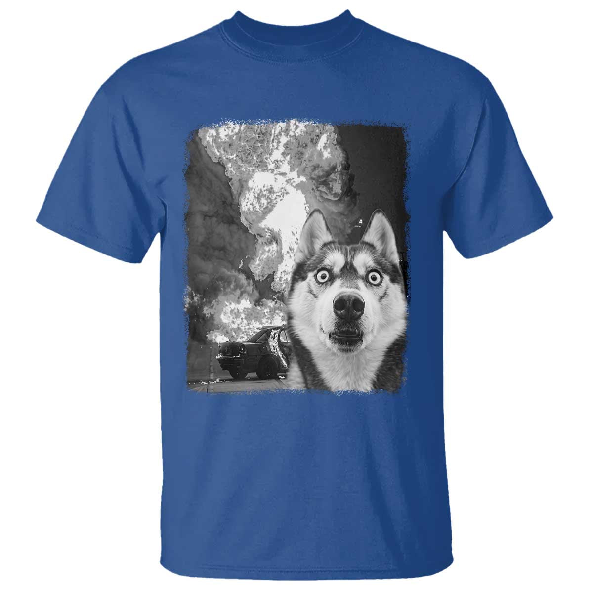 Funny Husky Chaos T Shirt Cool Dog Selfie With Burning Car
