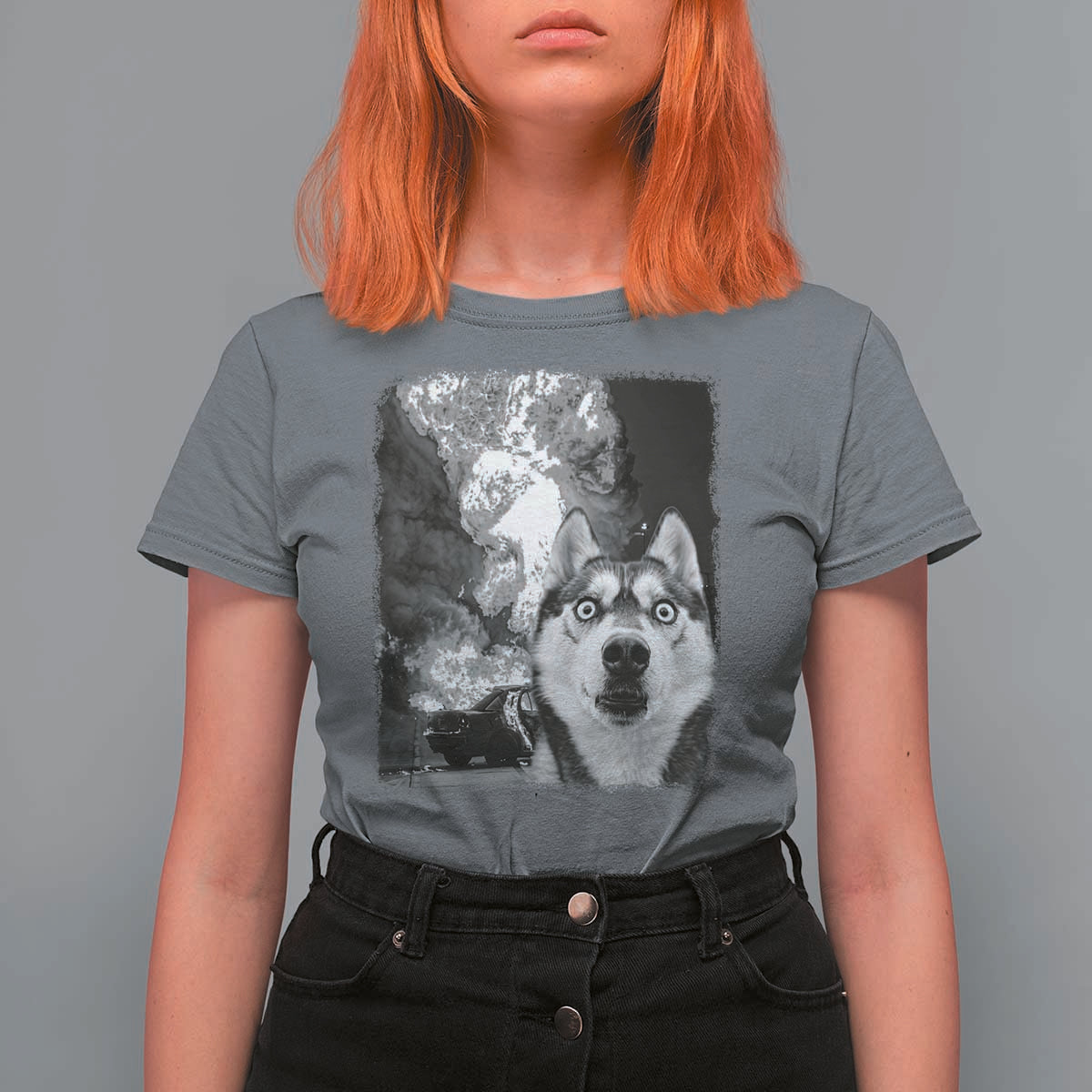 Funny Husky Chaos T Shirt For Women Cool Dog Selfie With Burning Car